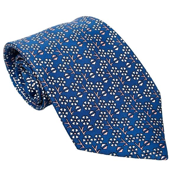HERMES Tie 100% Silk Tie 
 White Pink Geometric Flower on Blue 7576 EUC - Picture 1 of 7